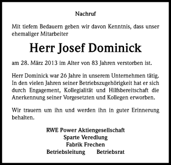 Anzeige von Josef Dominick von Kölner Stadt-Anzeiger / Kölnische Rundschau / Express