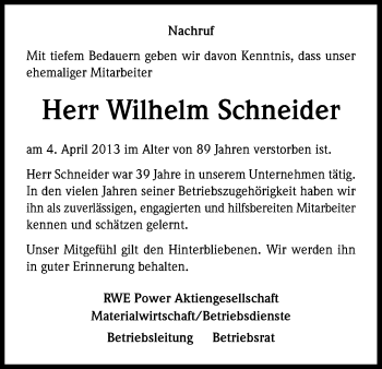 Anzeige von Wilhelm Schneider von Kölner Stadt-Anzeiger / Kölnische Rundschau / Express
