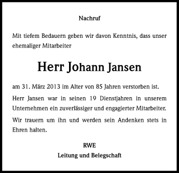 Anzeige von Johann Jansen von Kölner Stadt-Anzeiger / Kölnische Rundschau / Express