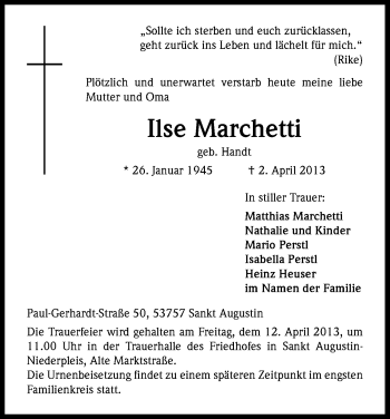Anzeige von Ilse Marchetti von Kölner Stadt-Anzeiger / Kölnische Rundschau / Express
