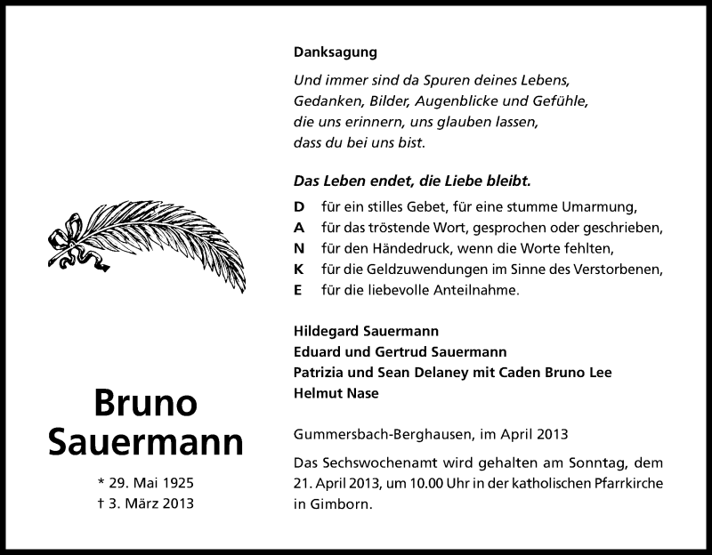  Traueranzeige für Bruno Sauermann vom 13.04.2013 aus Kölner Stadt-Anzeiger / Kölnische Rundschau / Express