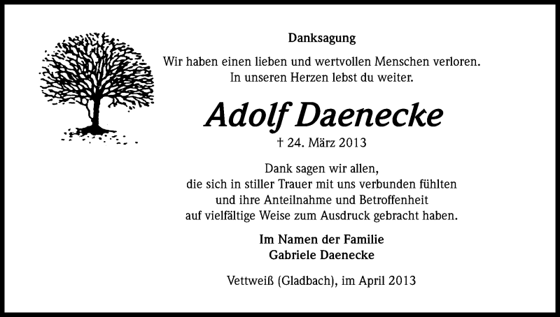  Traueranzeige für Adolf Daenecke vom 13.04.2013 aus Kölner Stadt-Anzeiger / Kölnische Rundschau / Express