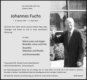 Anzeige von Johannes Fuchs von Kölner Stadt-Anzeiger / Kölnische Rundschau / Express