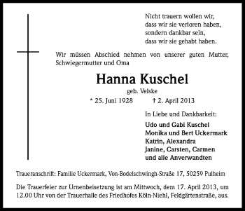 Anzeige von Hanna Kuschel von Kölner Stadt-Anzeiger / Kölnische Rundschau / Express