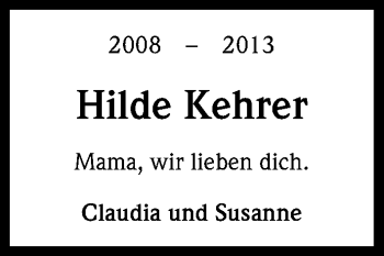 Anzeige von Hilde Kehrer von Kölner Stadt-Anzeiger / Kölnische Rundschau / Express