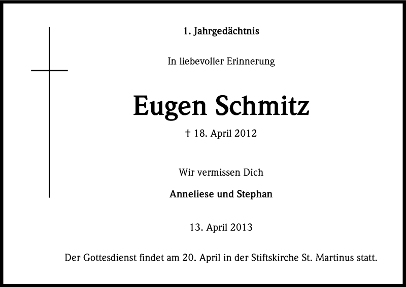  Traueranzeige für Eugen Schmitz vom 13.04.2013 aus Kölner Stadt-Anzeiger / Kölnische Rundschau / Express