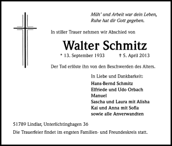 Anzeige von Walter Schmitz von Kölner Stadt-Anzeiger / Kölnische Rundschau / Express