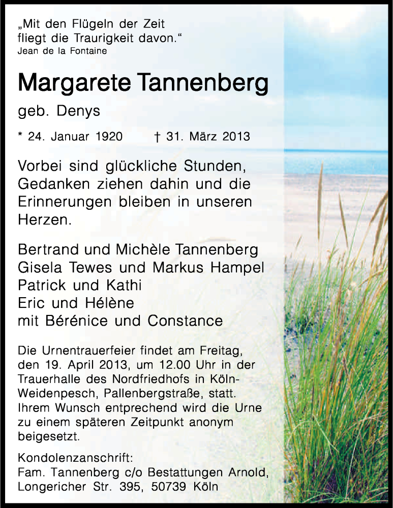  Traueranzeige für Margarete Tannenberg vom 13.04.2013 aus Kölner Stadt-Anzeiger / Kölnische Rundschau / Express