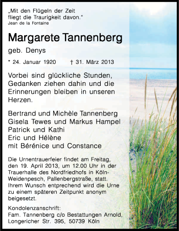 Anzeige von Margarete Tannenberg von Kölner Stadt-Anzeiger / Kölnische Rundschau / Express