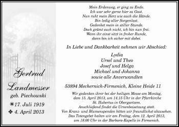 Anzeige von Gertrud Landmesser von Kölner Stadt-Anzeiger / Kölnische Rundschau / Express