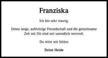 Anzeige von Franziska Walterscheid von Kölner Stadt-Anzeiger / Kölnische Rundschau / Express
