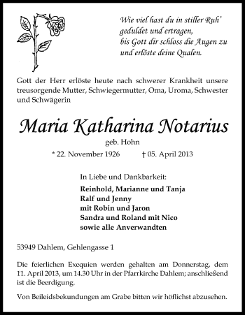Anzeige von Maria Katharina Notarius von Kölner Stadt-Anzeiger / Kölnische Rundschau / Express