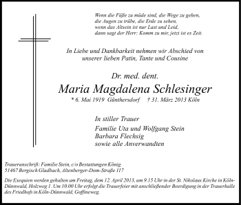 Anzeige von Maria Magdalena Schlesinger von Kölner Stadt-Anzeiger / Kölnische Rundschau / Express