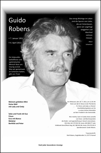 Anzeige von Guido Robens von Kölner Stadt-Anzeiger / Kölnische Rundschau / Express