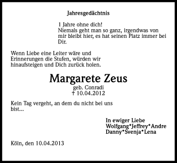 Anzeige von Margarete Zeus von Kölner Stadt-Anzeiger / Kölnische Rundschau / Express