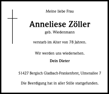 Anzeige von Anneliese Zöller von Kölner Stadt-Anzeiger / Kölnische Rundschau / Express