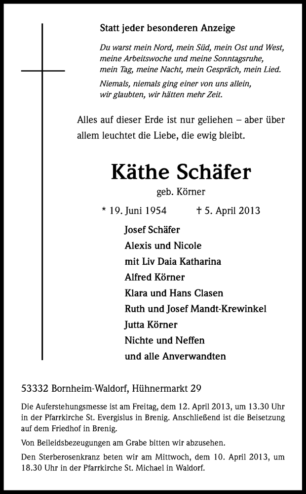 Traueranzeige für Käthe Schäfer vom 09.04.2013 aus Kölner Stadt-Anzeiger / Kölnische Rundschau / Express