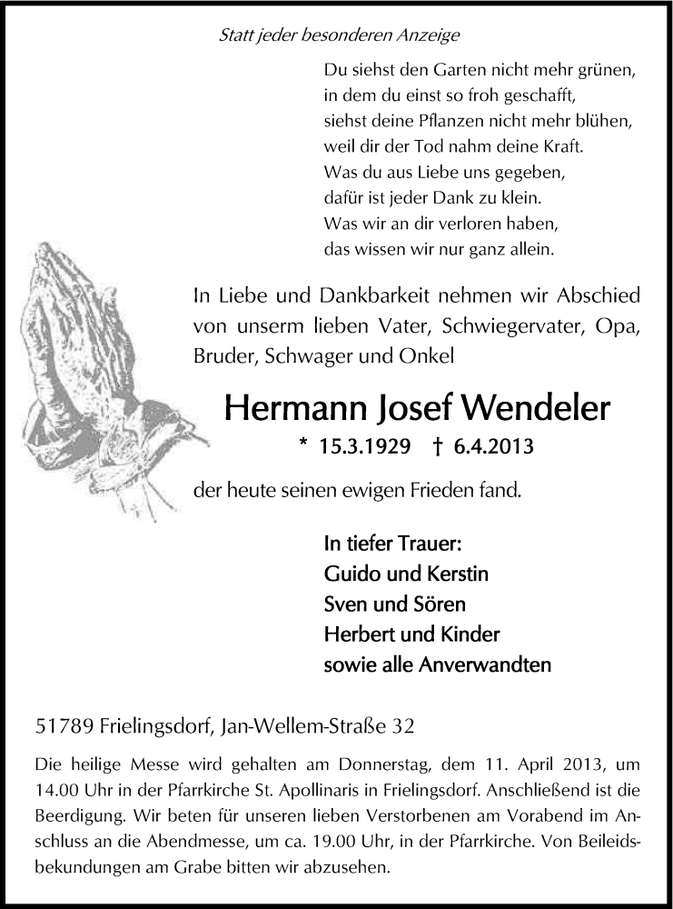  Traueranzeige für Hermann Josef Wendeler vom 09.04.2013 aus Kölner Stadt-Anzeiger / Kölnische Rundschau / Express