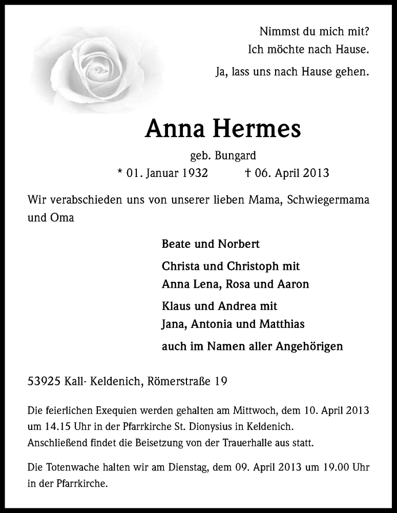  Traueranzeige für Anna Hermes vom 09.04.2013 aus Kölner Stadt-Anzeiger / Kölnische Rundschau / Express