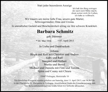 Anzeige von Barbara Schmitz von Kölner Stadt-Anzeiger / Kölnische Rundschau / Express