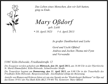 Anzeige von Mary Oßdorf von Kölner Stadt-Anzeiger / Kölnische Rundschau / Express