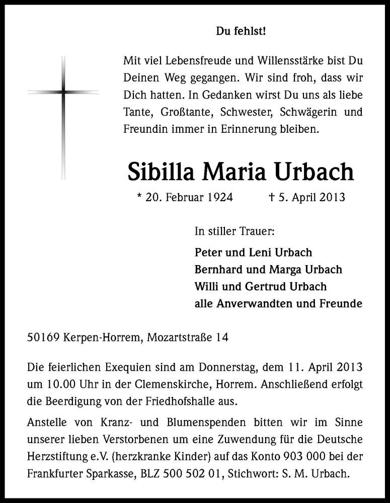  Traueranzeige für Sibilla Maria Urbach vom 09.04.2013 aus Kölner Stadt-Anzeiger / Kölnische Rundschau / Express
