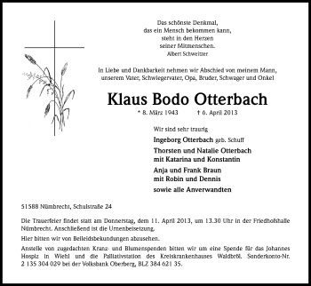 Anzeige von Klaus Bodo Otterbach von Kölner Stadt-Anzeiger / Kölnische Rundschau / Express