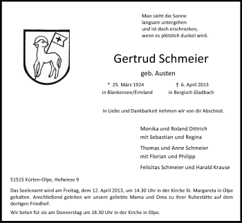 Anzeige von Gertrud Schmeier von Kölner Stadt-Anzeiger / Kölnische Rundschau / Express