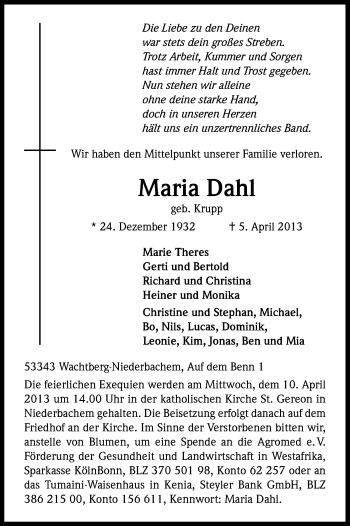 Anzeige von Maria Dahl von Kölner Stadt-Anzeiger / Kölnische Rundschau / Express