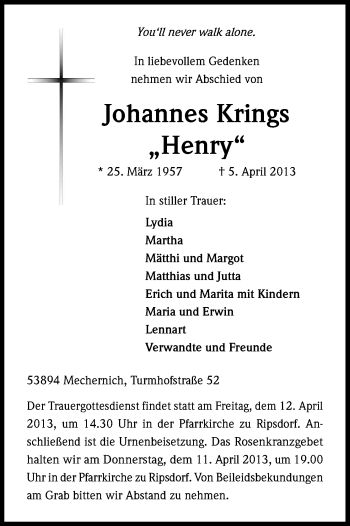 Anzeige von Johannes Krings von Kölner Stadt-Anzeiger / Kölnische Rundschau / Express