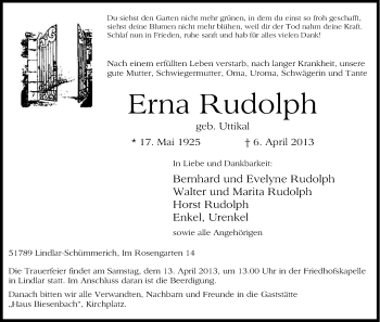 Anzeige von Erna Rudolph von Kölner Stadt-Anzeiger / Kölnische Rundschau / Express