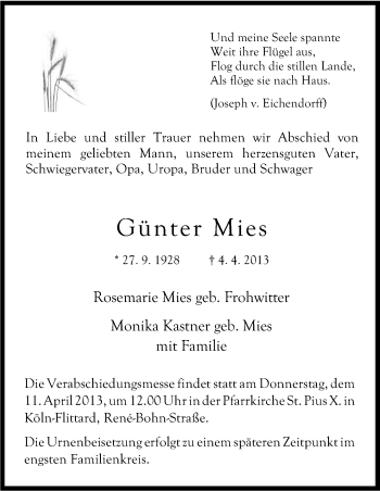 Anzeige von Günter Mies von Kölner Stadt-Anzeiger / Kölnische Rundschau / Express