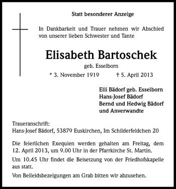 Anzeige von Elisabeth Bartoschek von Kölner Stadt-Anzeiger / Kölnische Rundschau / Express