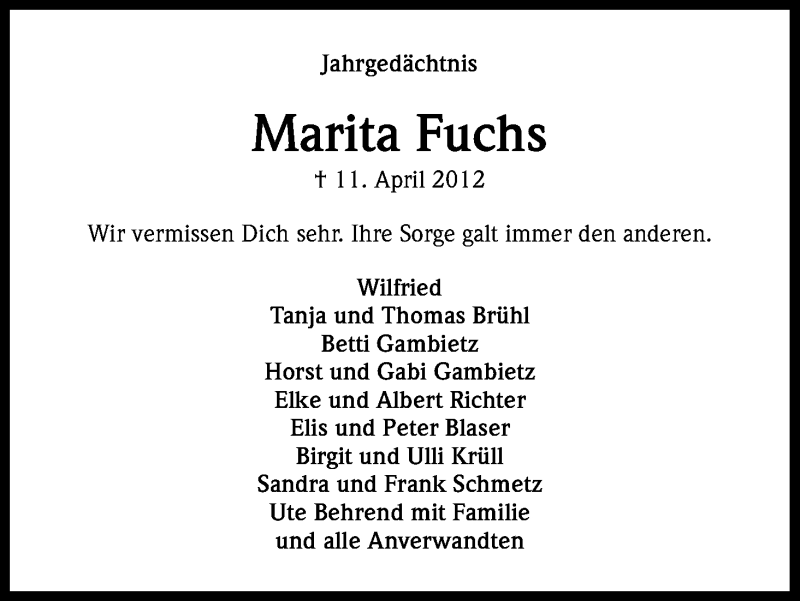  Traueranzeige für Marita Fuchs vom 11.04.2013 aus Kölner Stadt-Anzeiger / Kölnische Rundschau / Express