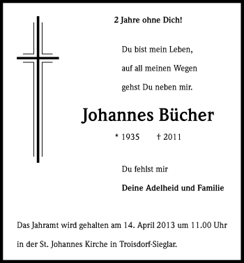 Anzeige von Johannes Bücher von Kölner Stadt-Anzeiger / Kölnische Rundschau / Express