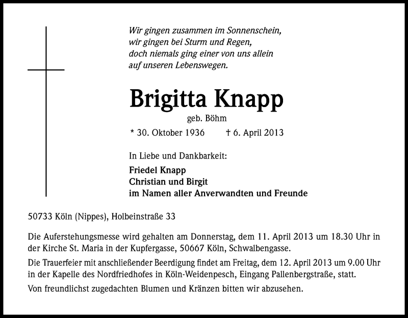  Traueranzeige für Brigitta Knapp vom 10.04.2013 aus Kölner Stadt-Anzeiger / Kölnische Rundschau / Express