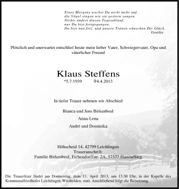 Anzeige von Klaus Steffens von Kölner Stadt-Anzeiger / Kölnische Rundschau / Express
