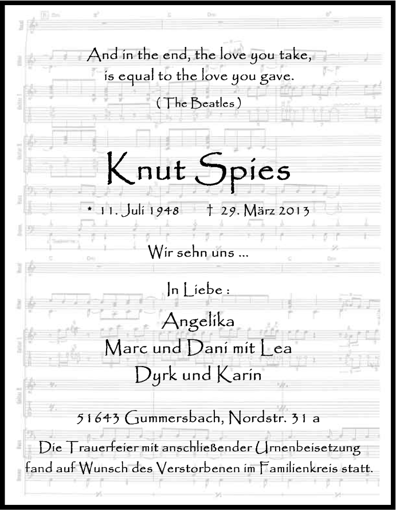  Traueranzeige für Knut Spies vom 10.04.2013 aus Kölner Stadt-Anzeiger / Kölnische Rundschau / Express