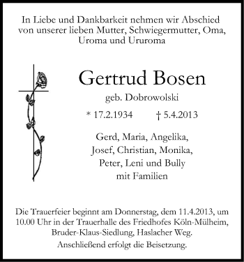 Anzeige von Gertrud Bosen von Kölner Stadt-Anzeiger / Kölnische Rundschau / Express