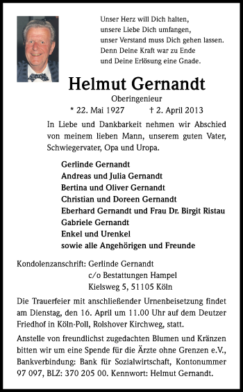 Anzeige von Helmut Gernandt von Kölner Stadt-Anzeiger / Kölnische Rundschau / Express