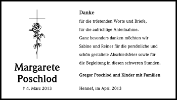 Anzeige von Margarete Poschlod von Kölner Stadt-Anzeiger / Kölnische Rundschau / Express