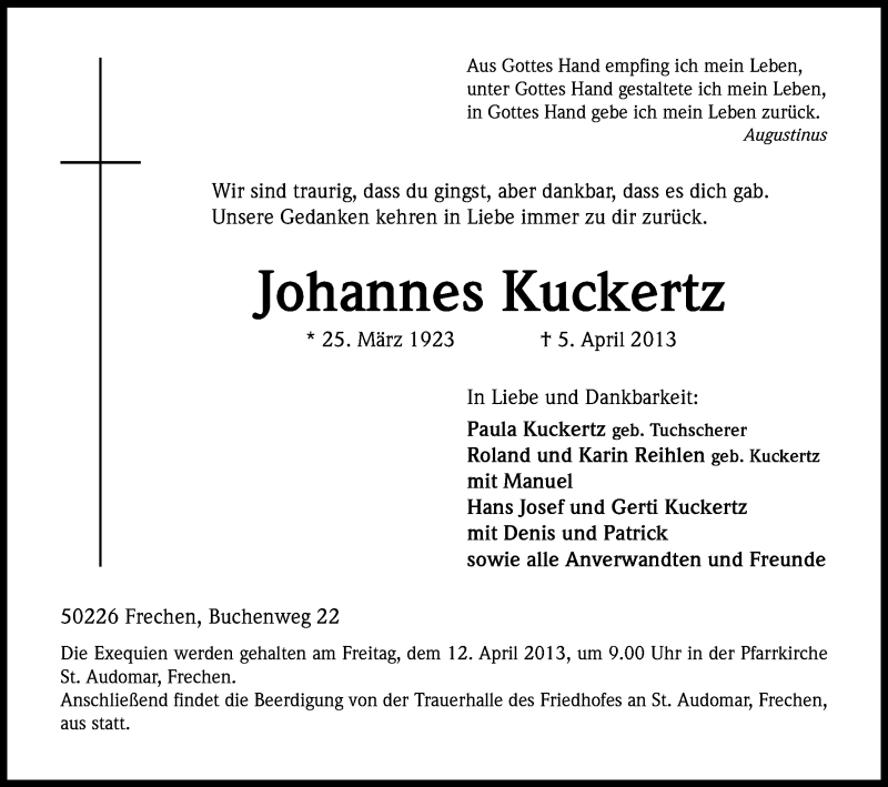  Traueranzeige für Johannes Kuckertz vom 10.04.2013 aus Kölner Stadt-Anzeiger / Kölnische Rundschau / Express
