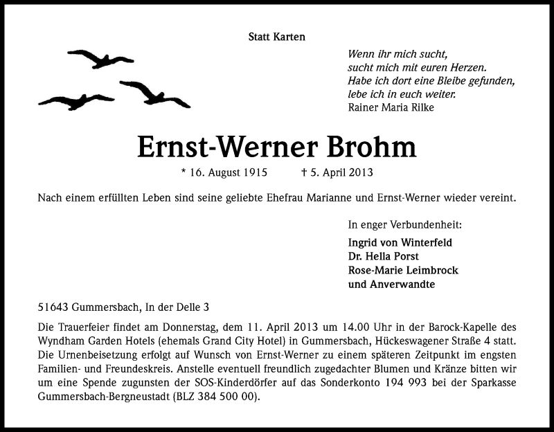  Traueranzeige für Ernst-Werner Brohm vom 09.04.2013 aus Kölner Stadt-Anzeiger / Kölnische Rundschau / Express