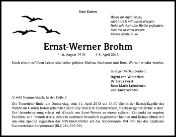 Anzeige von Ernst-Werner Brohm von Kölner Stadt-Anzeiger / Kölnische Rundschau / Express