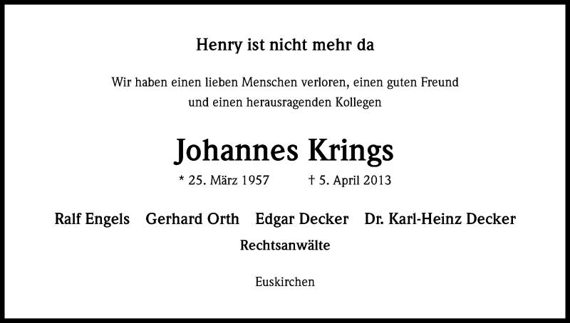 Traueranzeige für Johannes Krings vom 09.04.2013 aus Kölner Stadt-Anzeiger / Kölnische Rundschau / Express