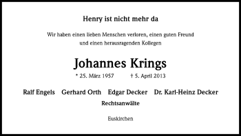 Anzeige von Johannes Krings von Kölner Stadt-Anzeiger / Kölnische Rundschau / Express