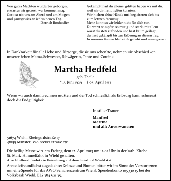 Anzeige von Martha Hedfeld von Kölner Stadt-Anzeiger / Kölnische Rundschau / Express