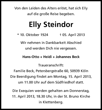 Anzeige von Elly Steindor von Kölner Stadt-Anzeiger / Kölnische Rundschau / Express