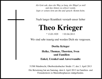 Anzeige von Theo Krieger von Kölner Stadt-Anzeiger / Kölnische Rundschau / Express