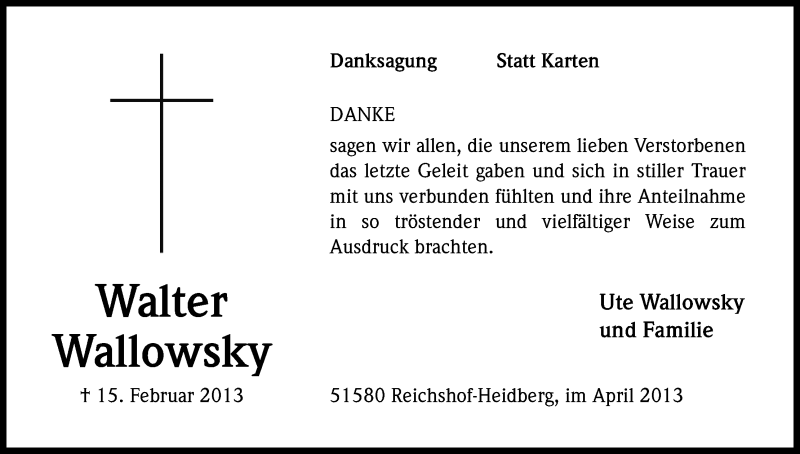  Traueranzeige für Walter Wallowsky vom 13.04.2013 aus Kölner Stadt-Anzeiger / Kölnische Rundschau / Express